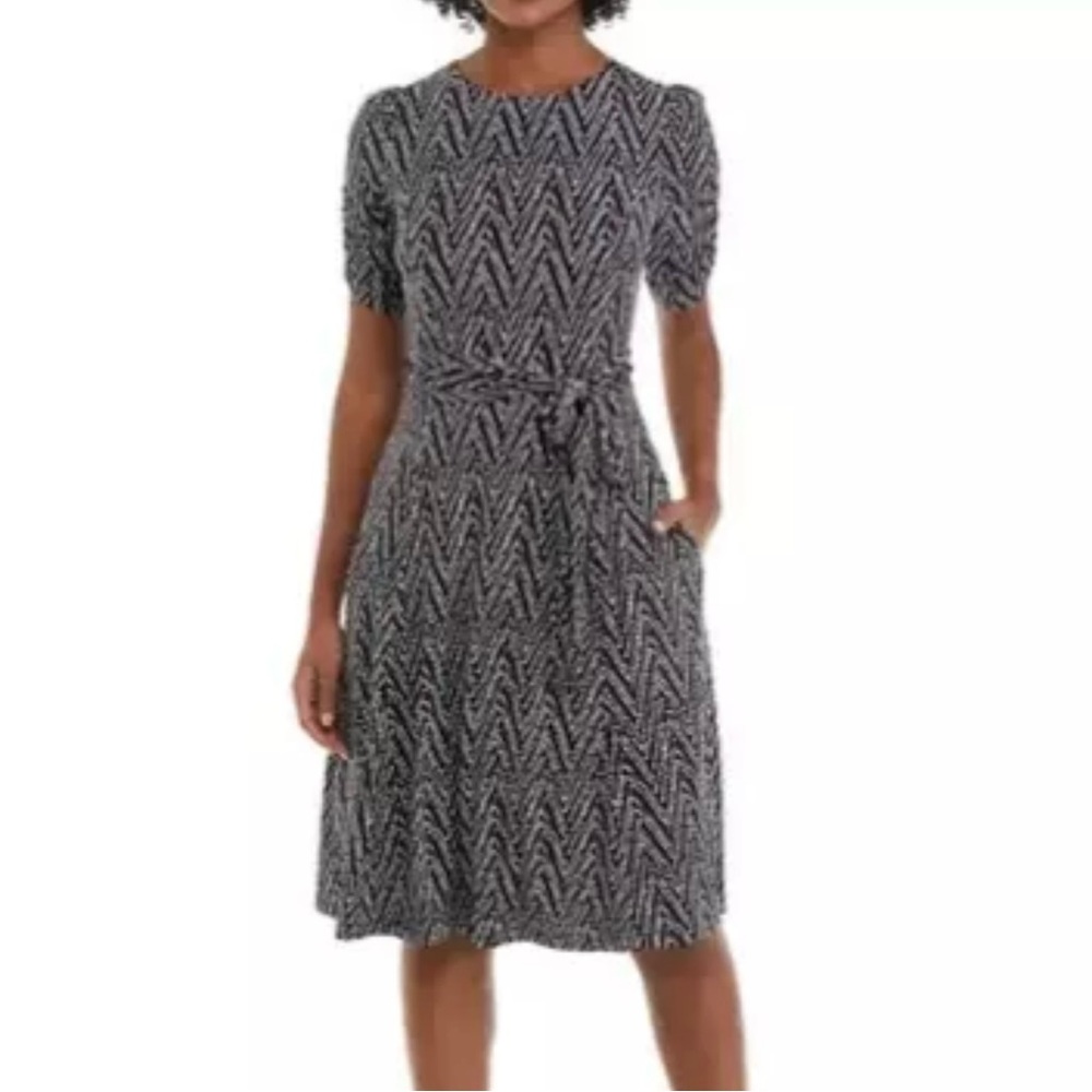 Jessica Howard Midi Dress Women Dark Navy 16 Polka Dots Chevron New Belted Lined